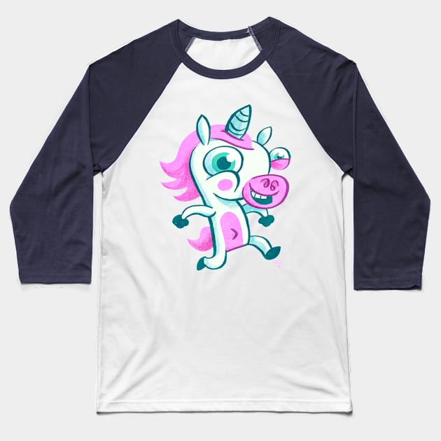 Jogging Unicorn Baseball T-Shirt by washburnillustration